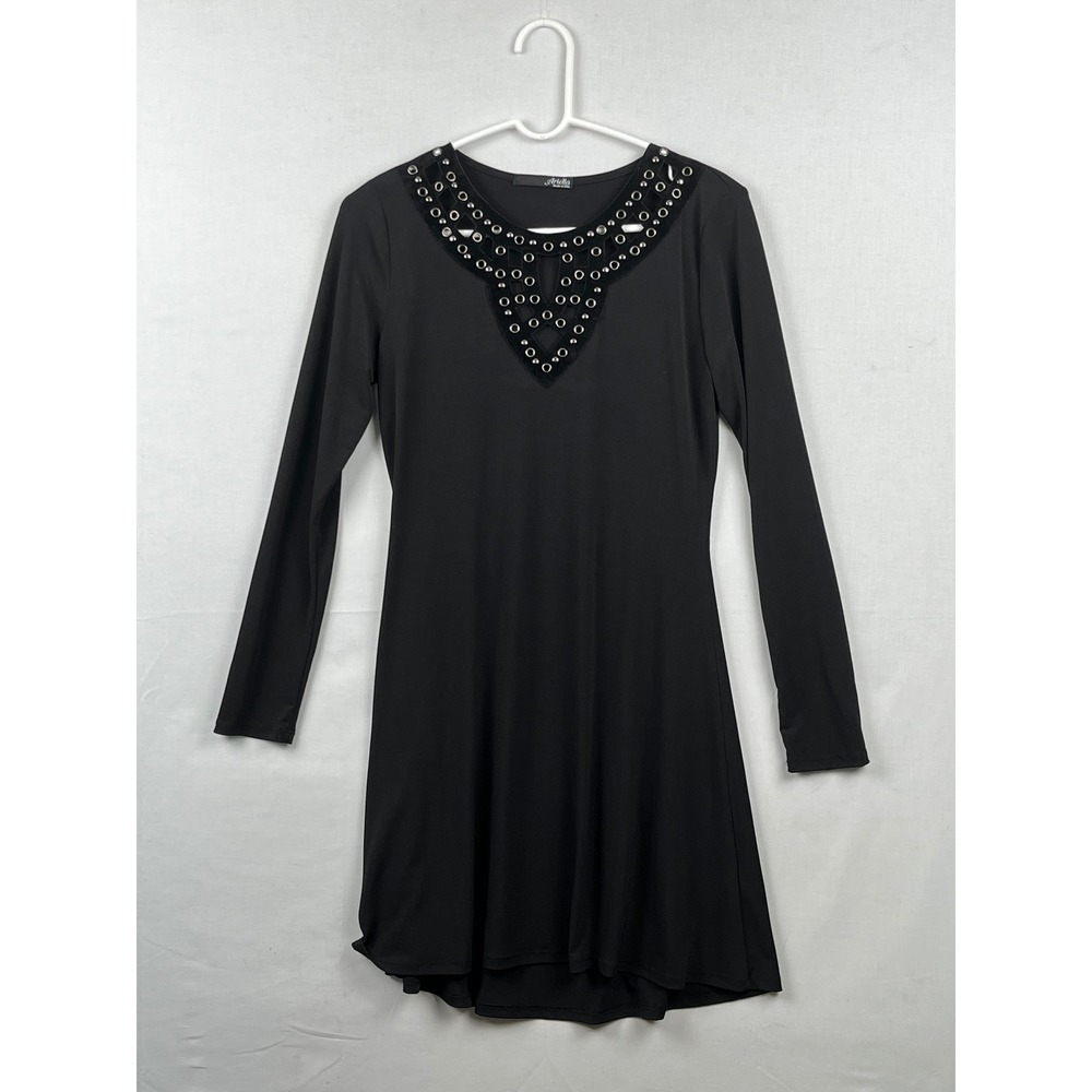 Ariella Dress Womens Grommet Embellished V-Neck Long Sleeve Black Size M